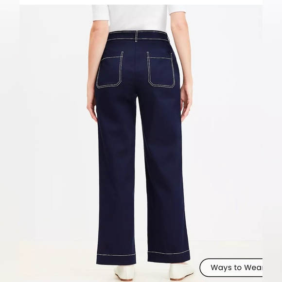 LOFT navy blue wide leg pants.Button front. Accent white stitching.Size 14Mcurvy - Picture 2 of 11